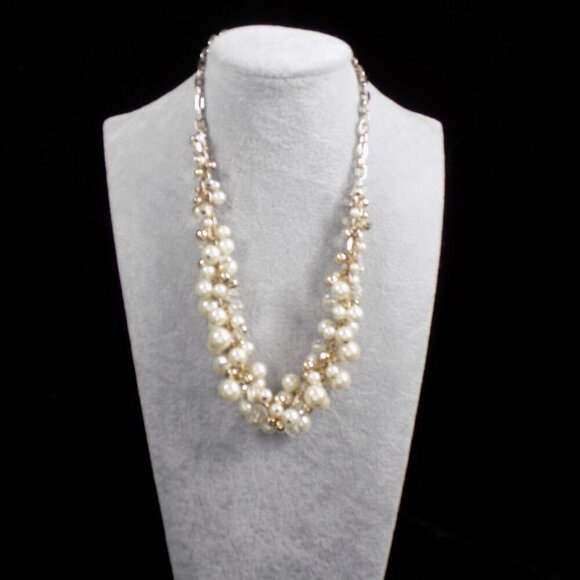 Vintage The Limited Faux White Pearl Shaky Necklace Two-Tone Clear Crystal Beads - Picture 9 of 9